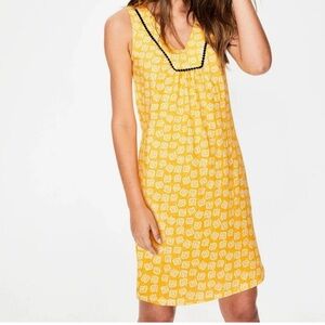 Boden Yellow/White Tarifa Sleeveless Mini Dress, Navy Rafia Trim, Cotton, Sz 18L